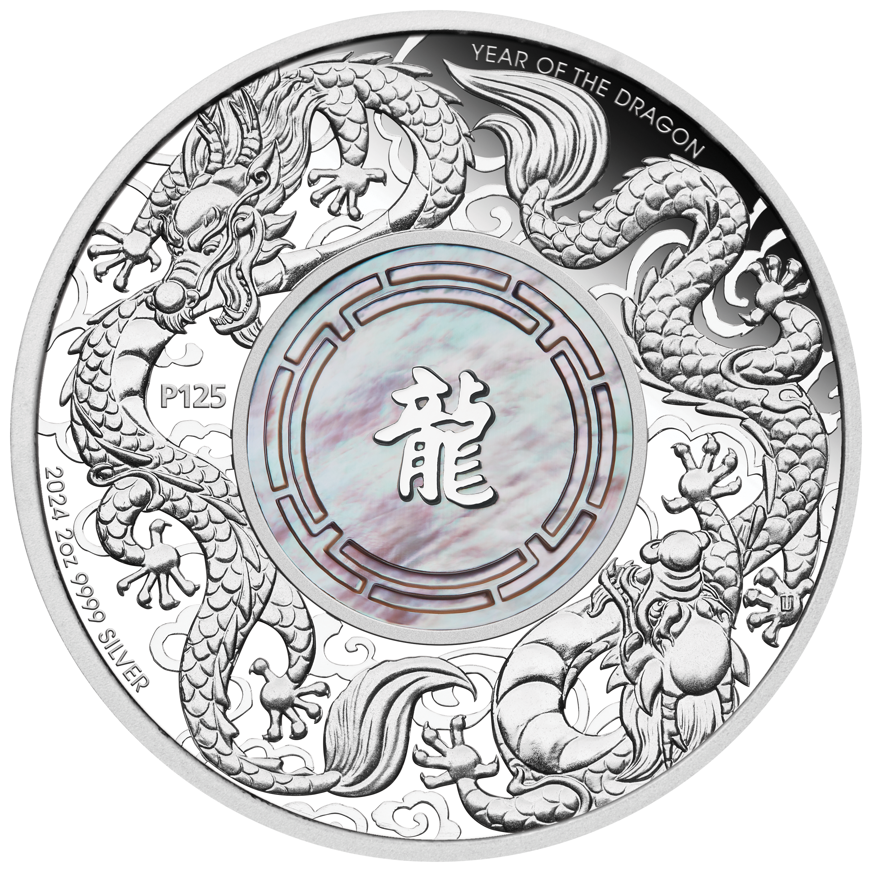 2024 Double Dragon with Mother of Pearl 2oz .9999 Silver Proof Coin