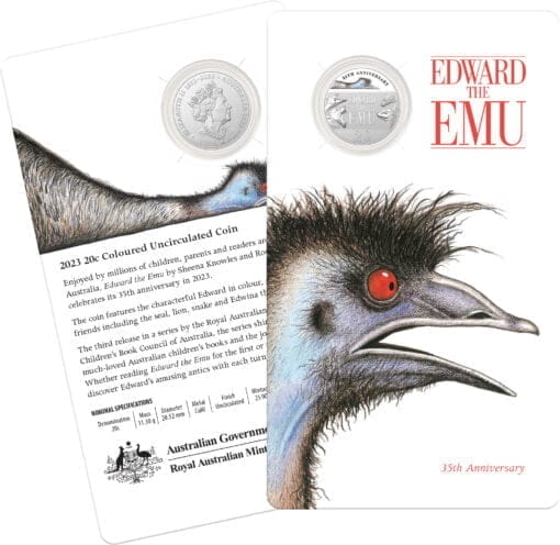 2023 20c 35th anniversary of edward the emu coloured coin in card - cuni