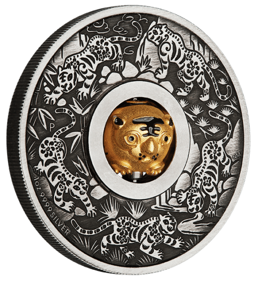 2022 year of the tiger rotating charm 1oz .9999 silver antiqued coin