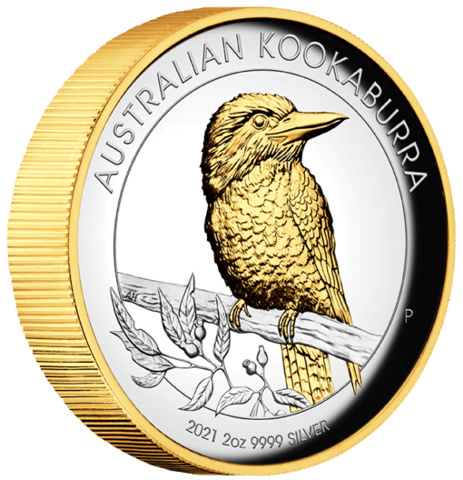 2021 australian kookaburra 2oz .9999 silver proof high relief gilded coin
