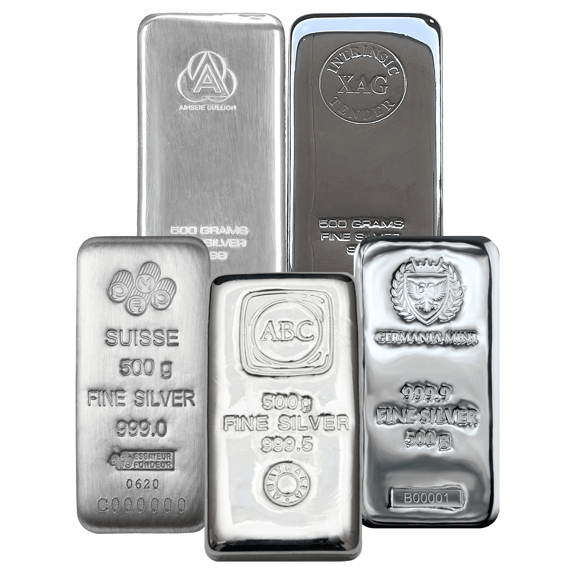 Assorted 500g fine silver bullion bars