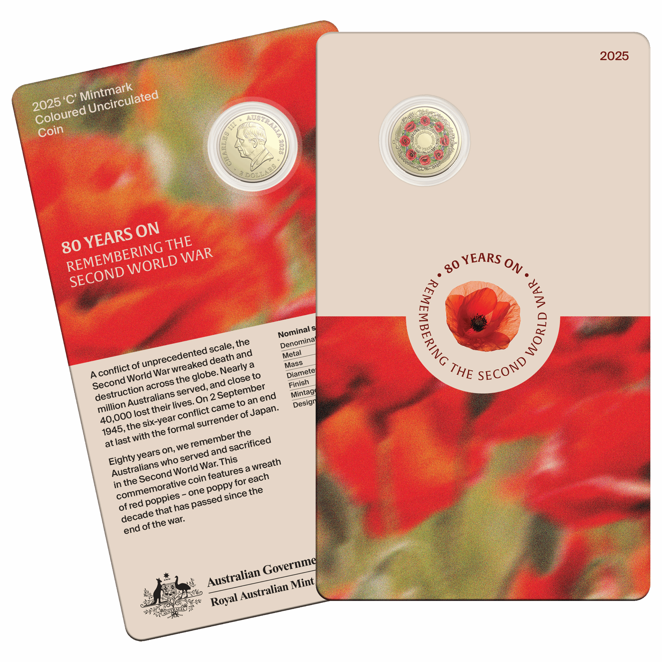 2025 $2 Poppy Wreath 80th Anniversary of WWII Coloured Coin