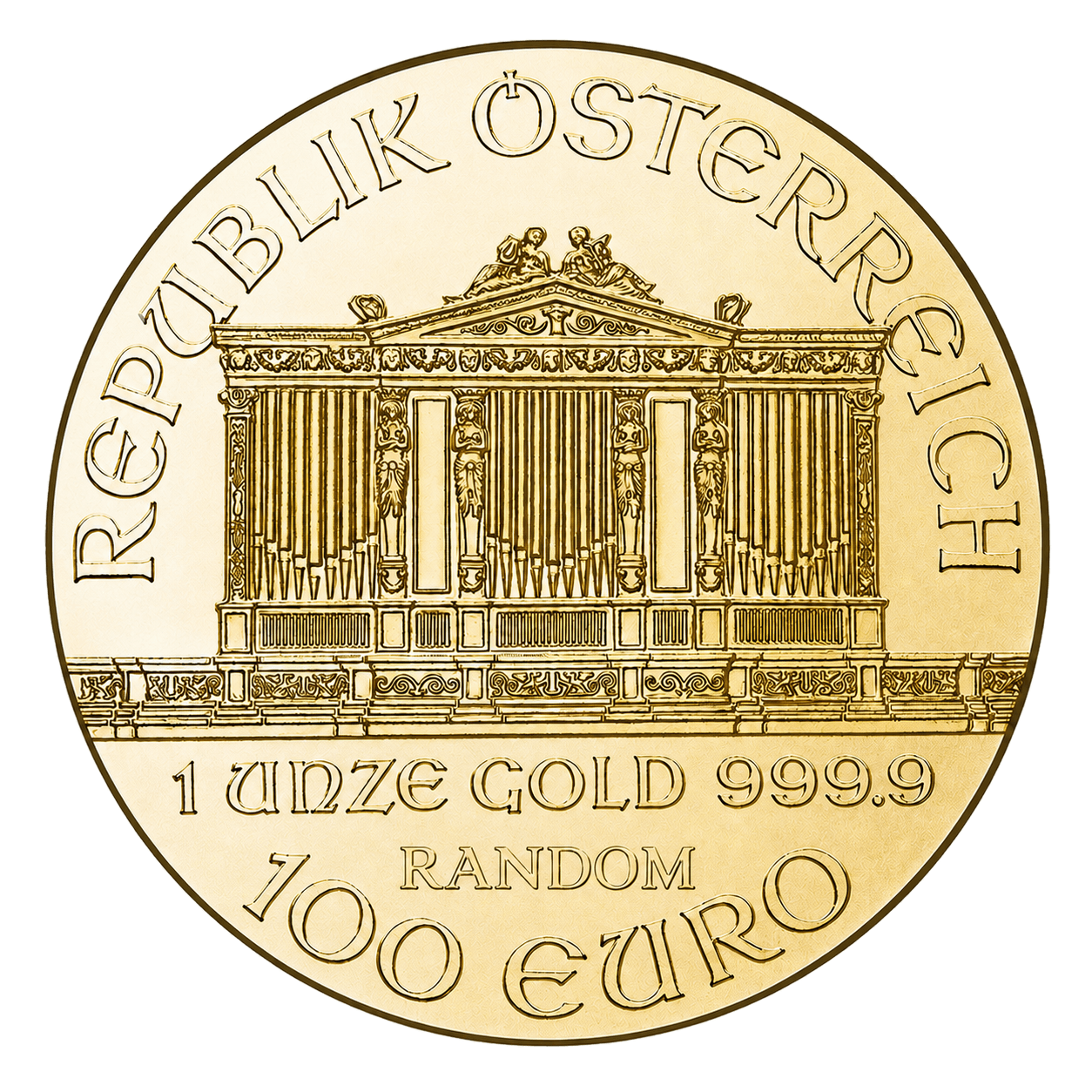 Austrian 100 Euro gold coin with pipe organ