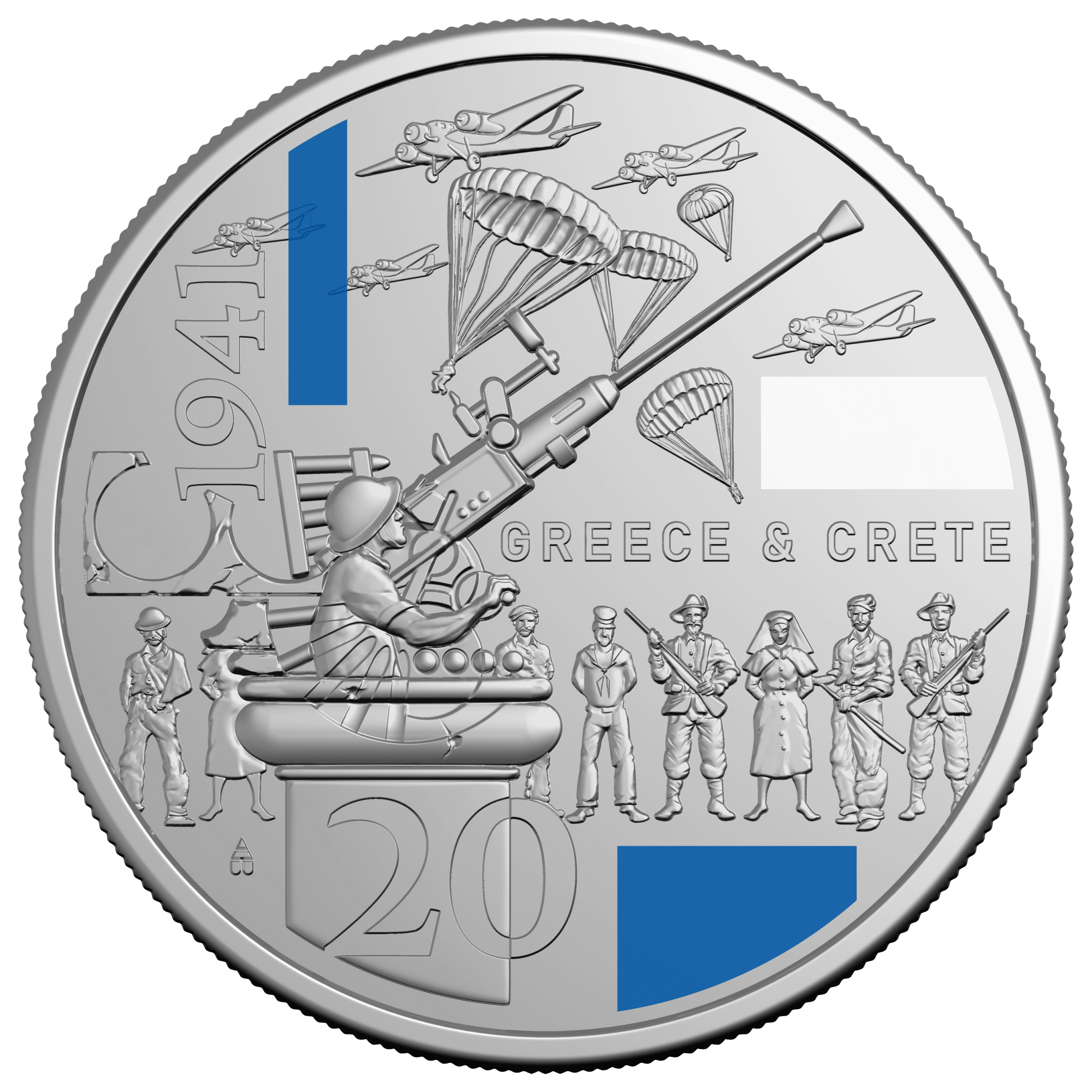 Greek 20 euro coin commemorating 1941 Crete battle