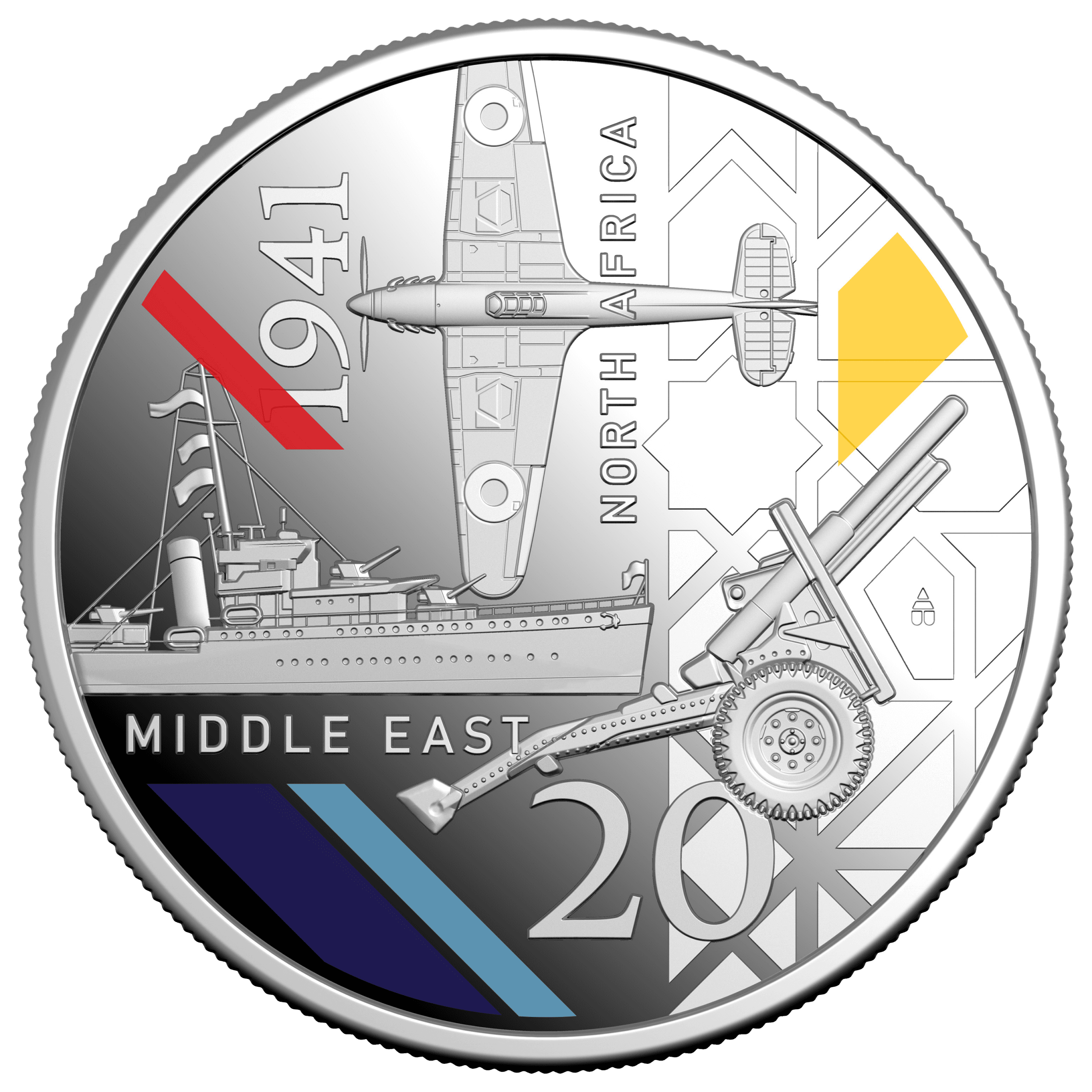 Commemorative coin with WWII aircraft, ship and artillery