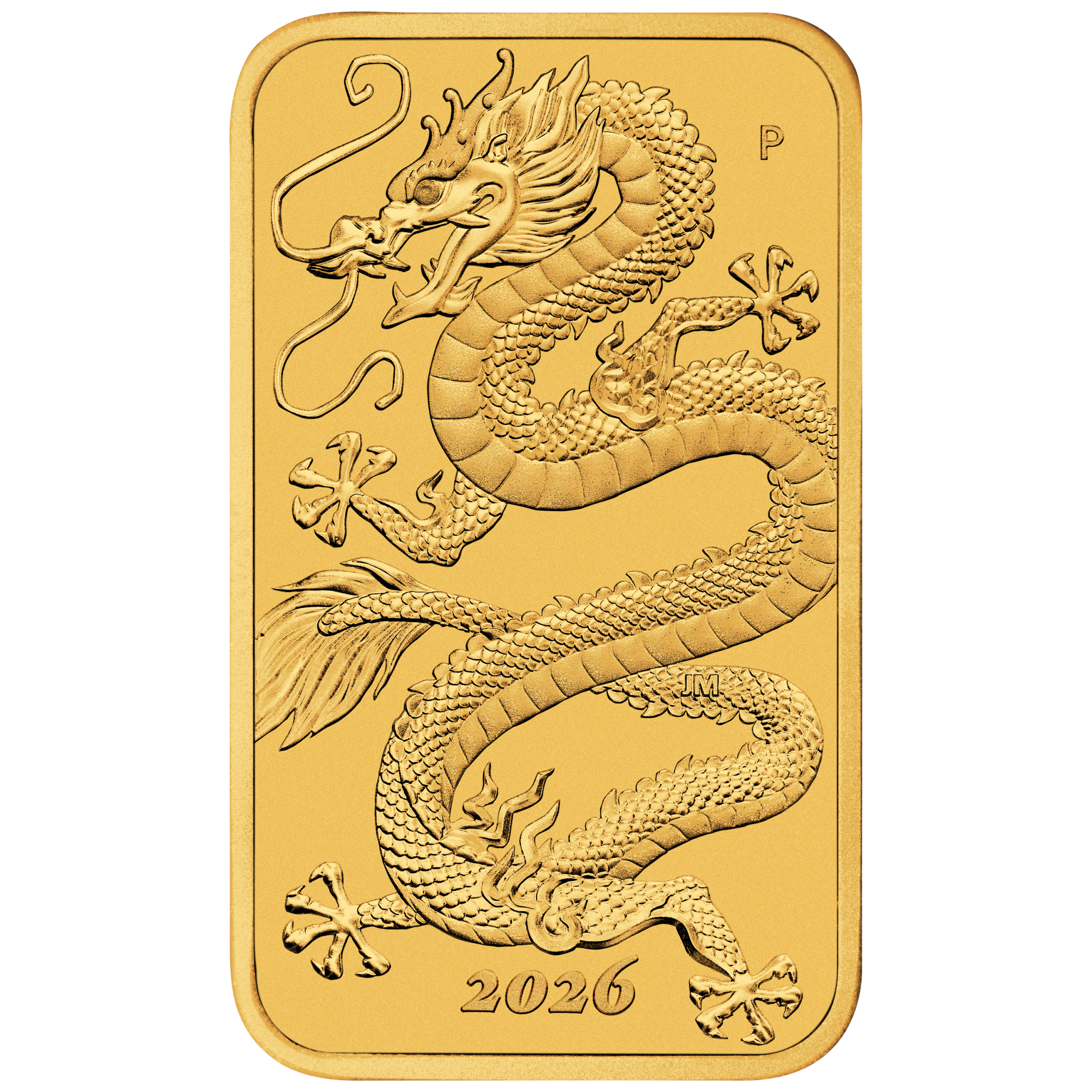Gold bar with engraved Chinese dragon 2026