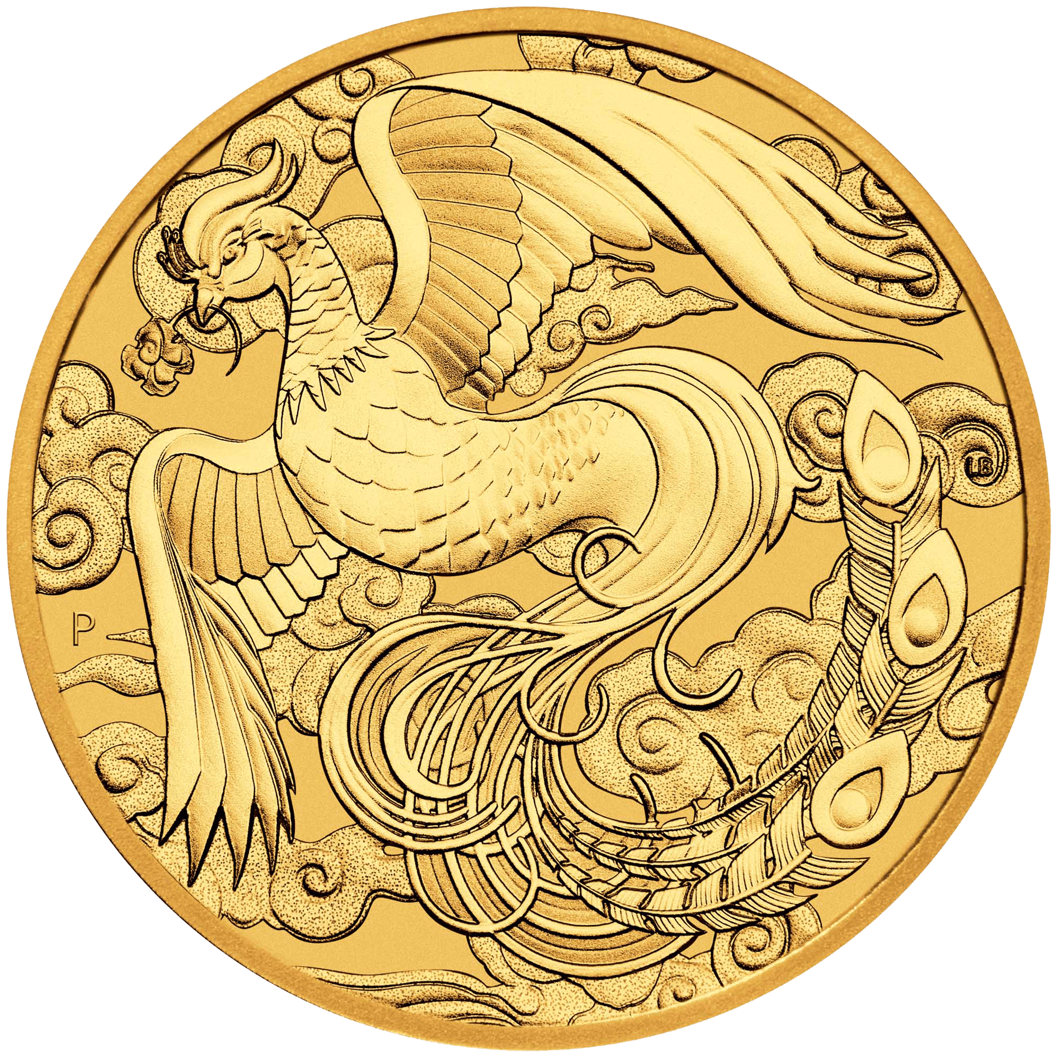 Stylised phoenix engraved on gold coin