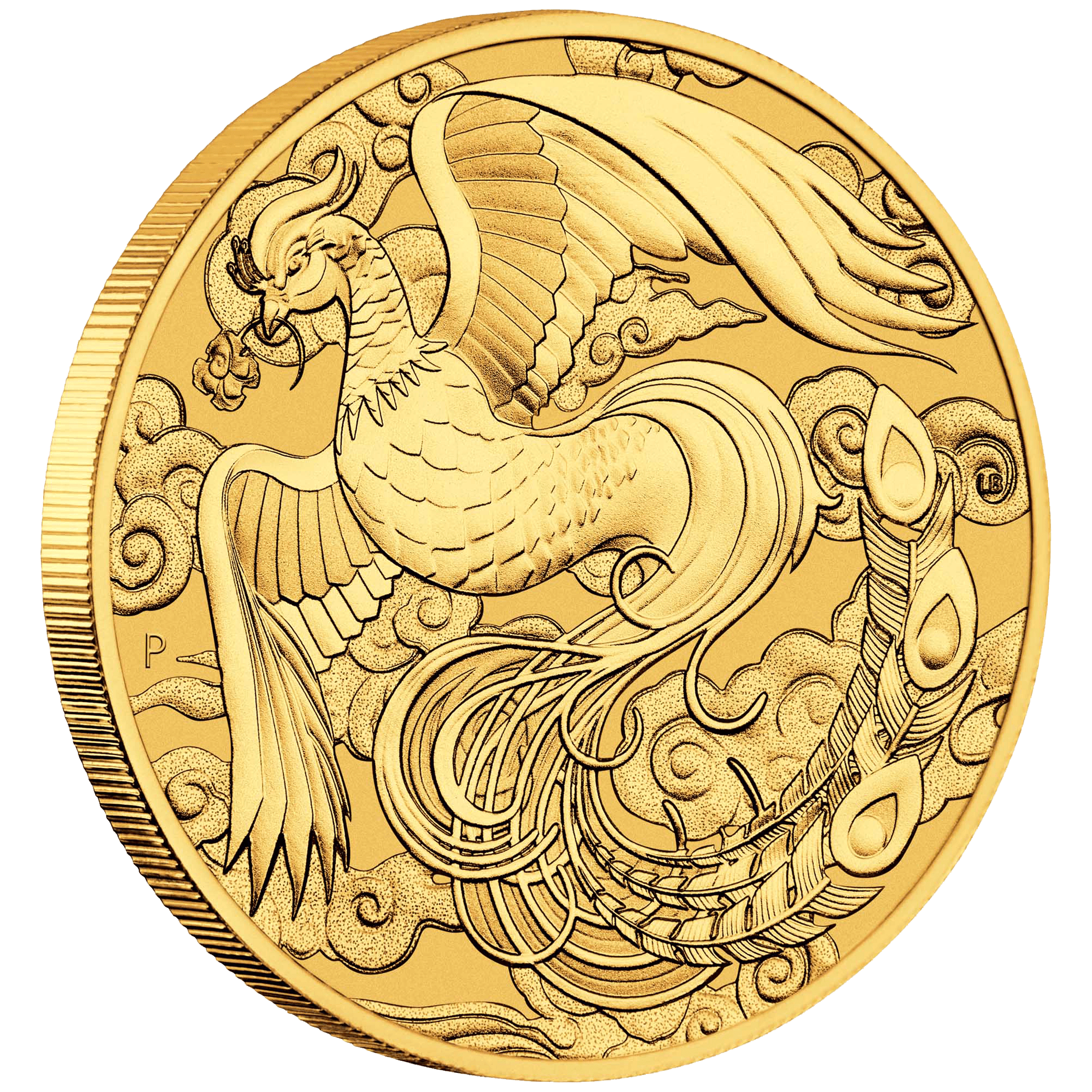Gold coin featuring stylised phoenix in flight