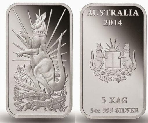 2014 Australian Kangaroo 5oz .999 Silver Minted Bullion Bar - XAG / AGSX 2