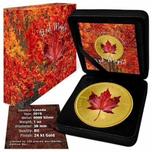 2019 Red Maple Leaf Colourised Gilded 1oz .9999 Silver Coin 2