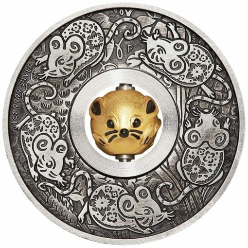 2020 Year of the Mouse Rotating Charm 1oz .9999 Silver Proof Antiqued Coin 1