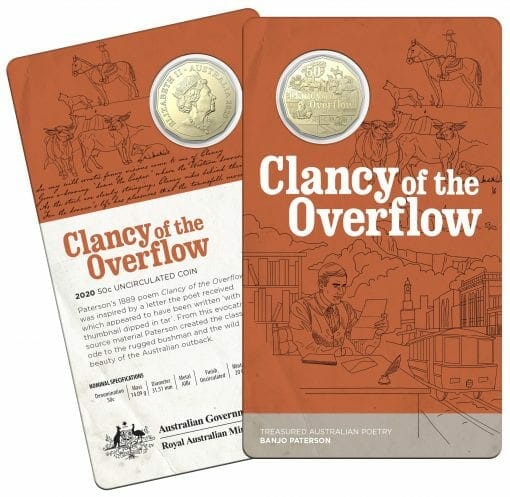 2020 50c Banjo Paterson - Clancy of the Overflow Uncirculated Coin in Card - AlBr 2