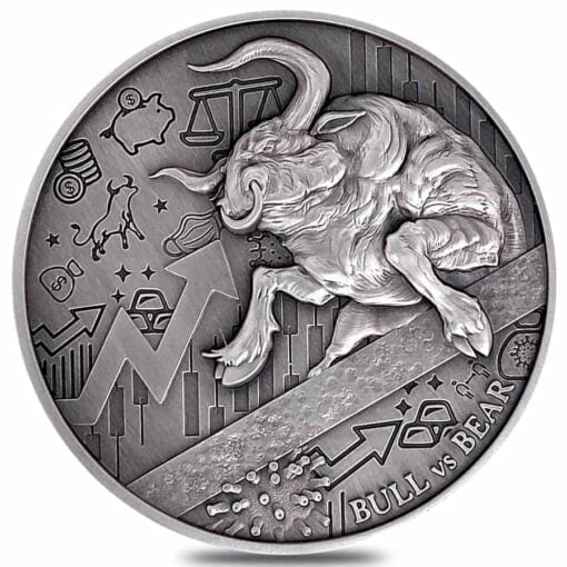 2021 Chad Bull vs Bear Pandemic 2oz .999 Silver Antiqued High Relief Coin 1