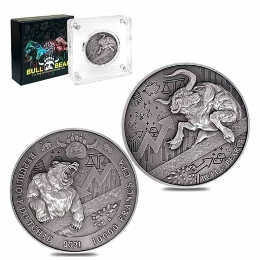 2021 Chad Bull vs Bear Pandemic 2oz .999 Silver Antiqued High Relief Coin 3