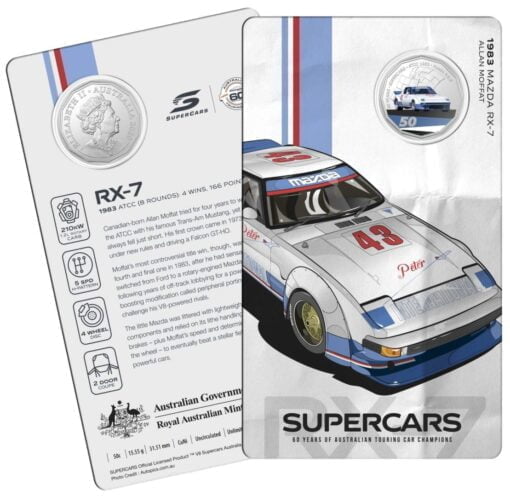 2020 50c 1983 Mazda RX-7 - 60 Years of Supercars Coloured Coin in Card 1