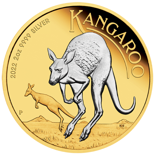 2022 australian kangaroo 2oz .9999 silver reverse gilded coin