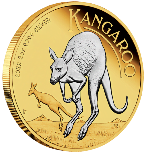 2022 australian kangaroo 2oz .9999 silver reverse gilded coin