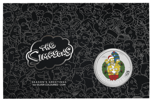 2022 the simpsons - christmas season's greetings 1oz. 9999 silver coloured coin in card