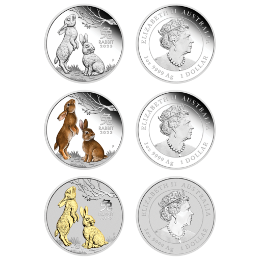 2023 year of the rabbit trio 1oz silver proof three coin set - lunar series iii