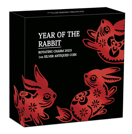 2023 year of the rabbit rotating charm 1oz silver antiqued coin
