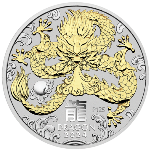 2024 year of the dragon 1oz. 9999 silver gilded coin - lunar series iii