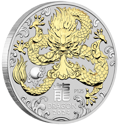 2024 year of the dragon 1oz. 9999 silver gilded coin - lunar series iii