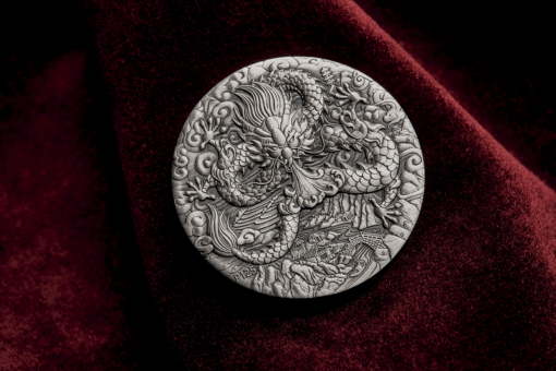 2024 year of the dragon 2oz. 9999 silver antiqued coin