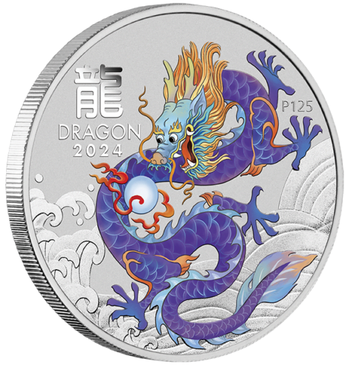 2024 Year of the Dragon 1oz Silver Coin in Card Purple Swan Bullion