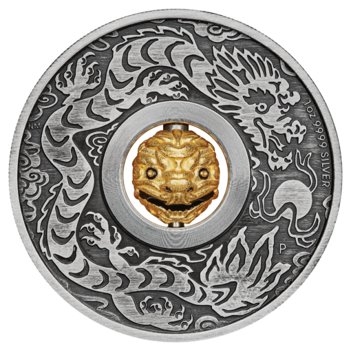 2024 year of the dragon rotating charm 1oz. 9999 silver antiqued coin